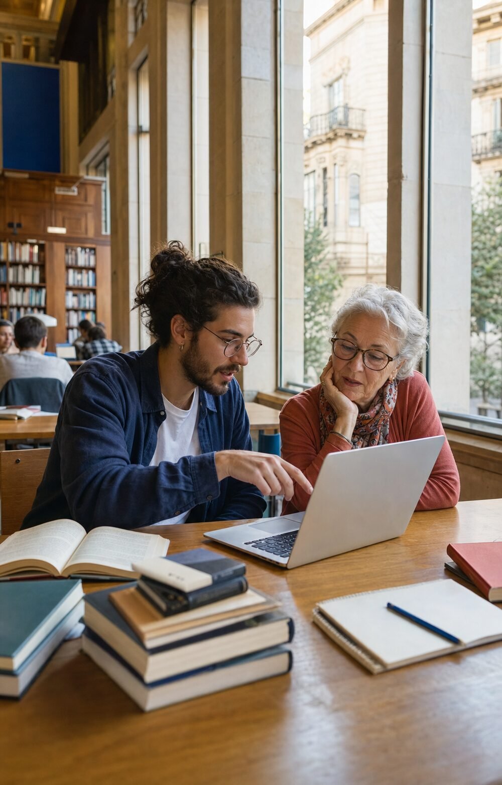 Un investigador jove i una dona gran conversen davant d’un ordinador en una biblioteca de Barcelona.